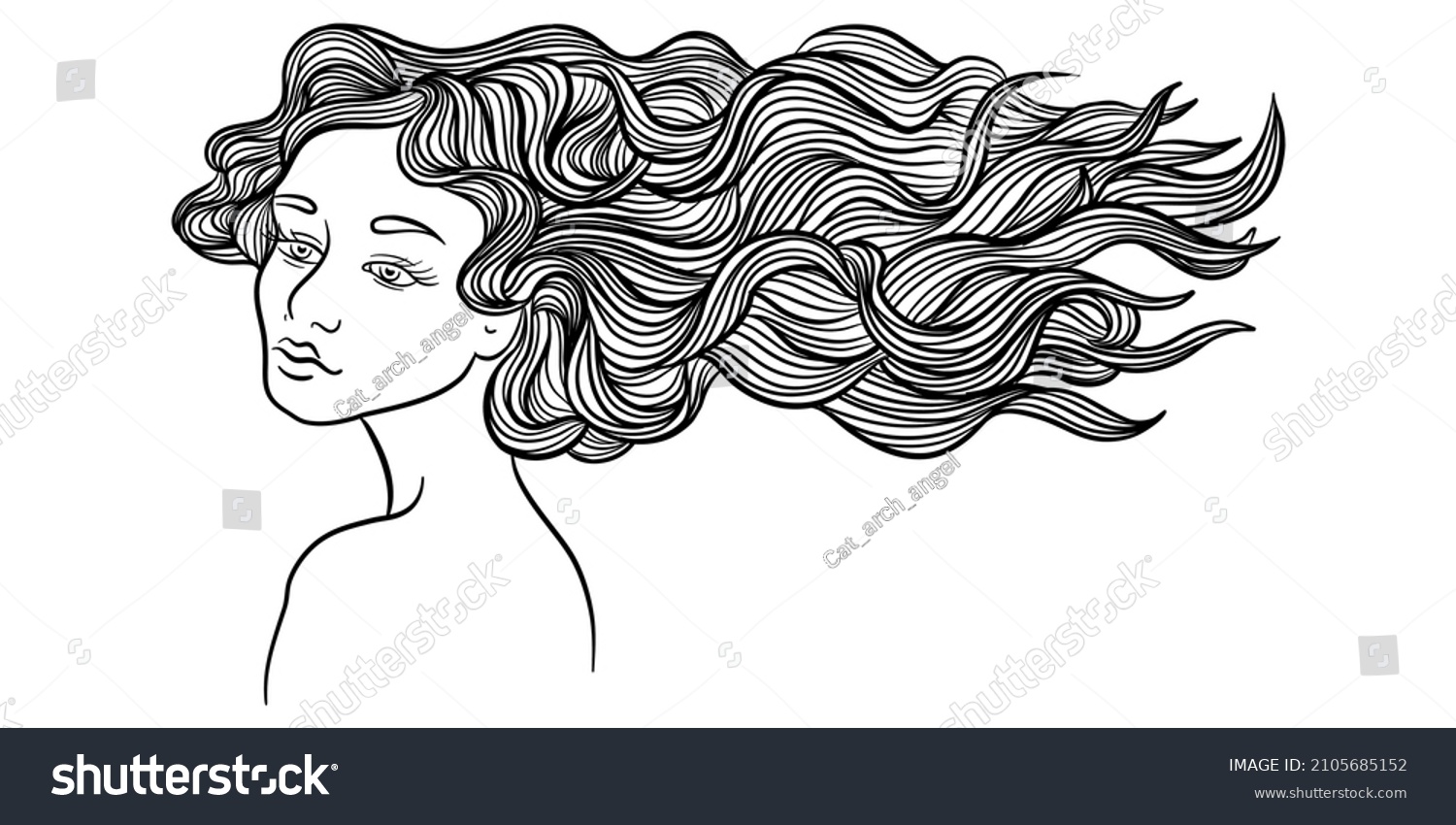 Vector Drawing Girl With Loose Hair In The Wind, - Royalty Free Stock 