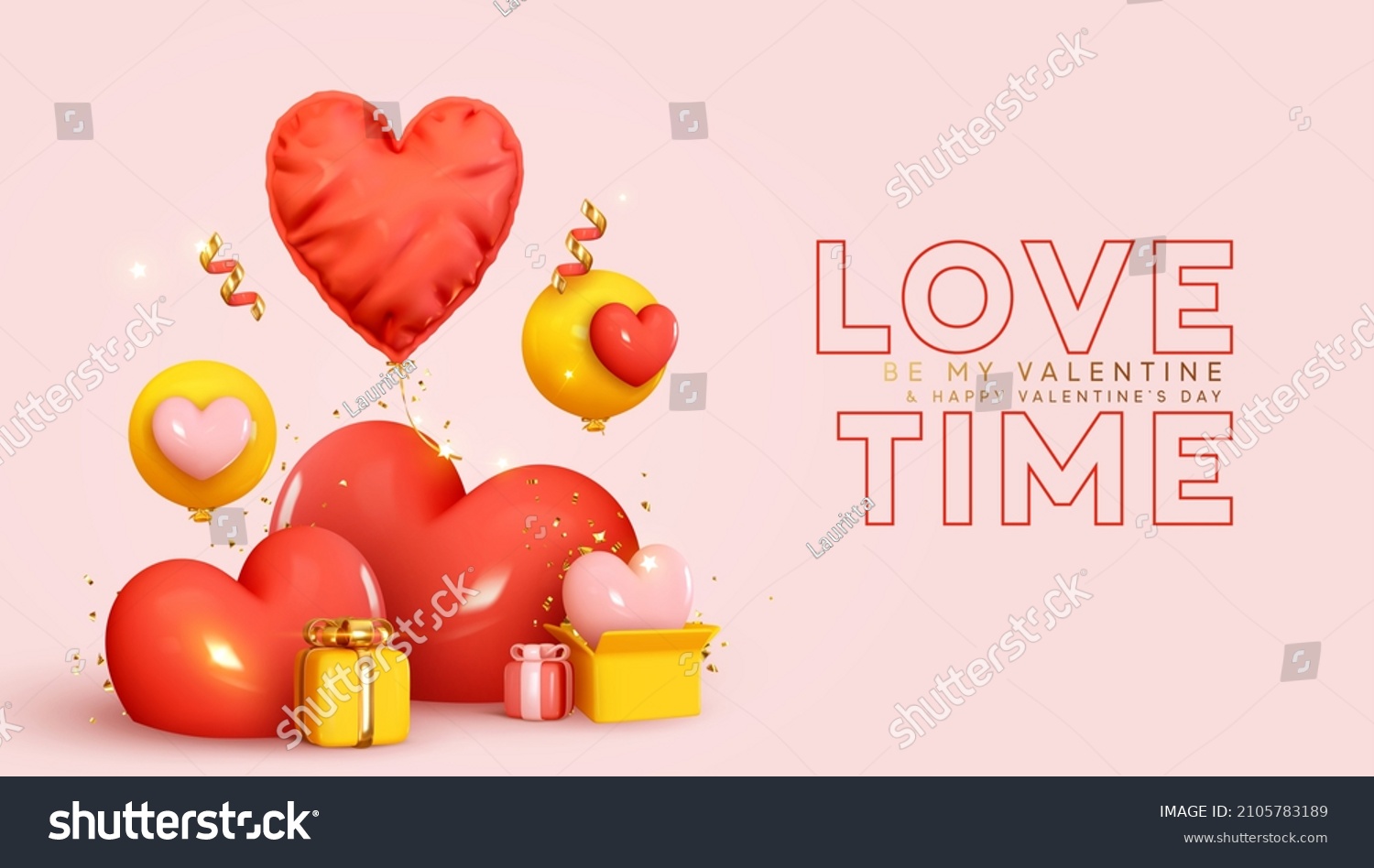 Happy Valentine's Day. Holiday wedding. happy birthday. Festive background with realistic heart shaped balloons red and yellow colors, open gift box. Romantic banner, web poster. Vector illustration #2105783189