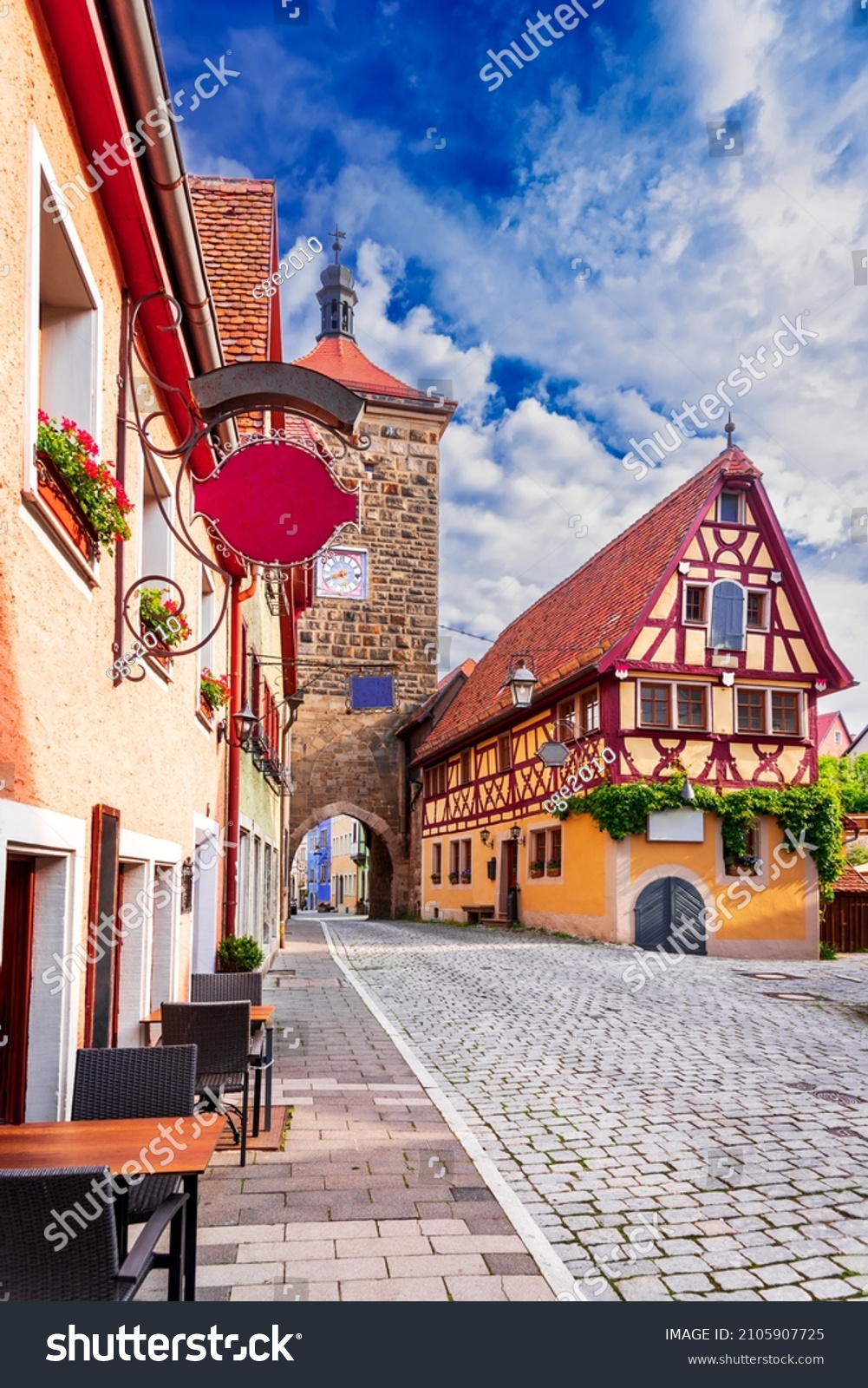 Rothenburg ob der Tauber, Germany. Siebersturm, narrow medieval street on idyllic Romantic Road town, famous travel place in Bavaria. #2105907725