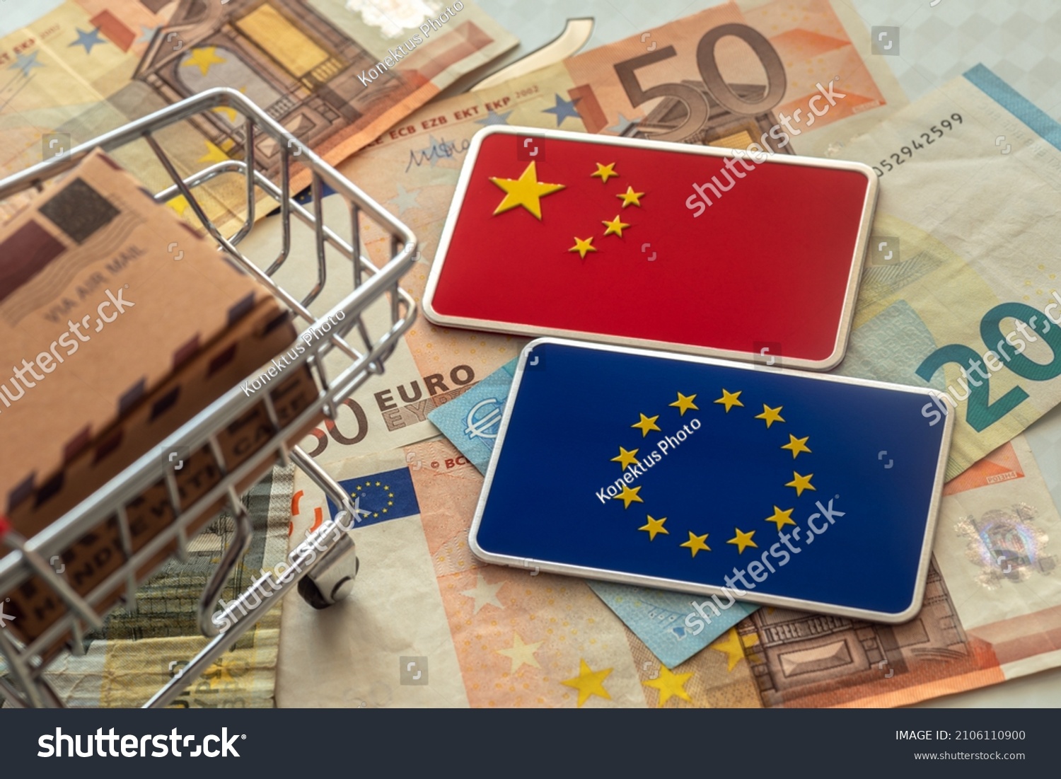 Europe and Chinese Trade Feuding. Packing and Shipping Boxes with a National flags of China, an European Union #2106110900