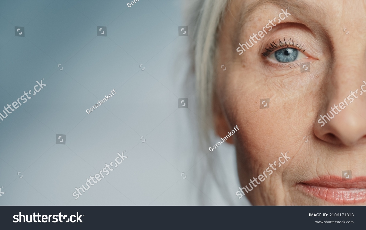 Close-up Shot of an Eyes of Beautiful Senior Woman Looking at Camera and Smiling Wonderfully. Gorgeous Looking Elderly Grandmother with Natural Beauty of Grey Hair, Blue Eyes and Cheerful Worldview #2106171818