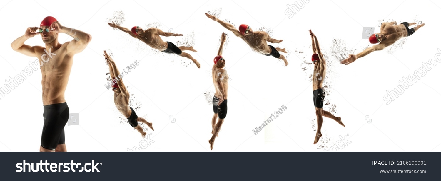 Set of images of sportive male swimmer in swimming cap and goggles in motion and action isolated on white background. Healthy lifestyle, power, energy, sports movement concept. Preset #2106190901