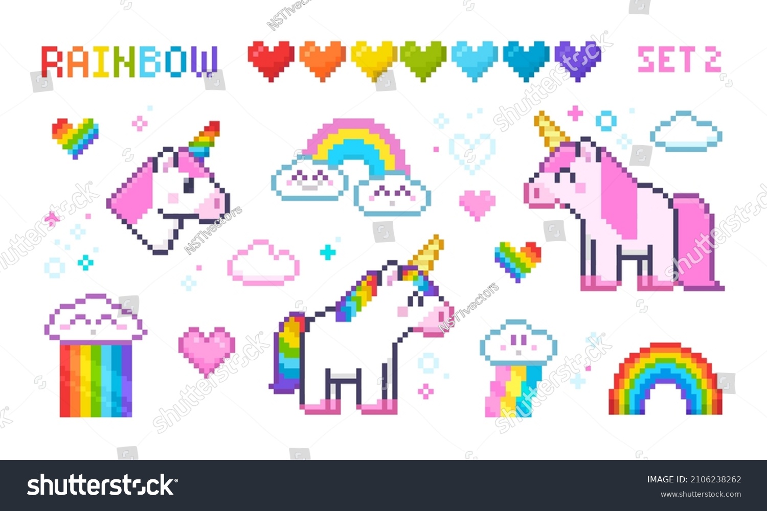 Pixel Art Unicorns wit Rainbow set, colorful 8-bit hearts icons, cute clouds - isolated vector elements collection. Cute White Unicorn icon in retro 8-bit video game style #2106238262