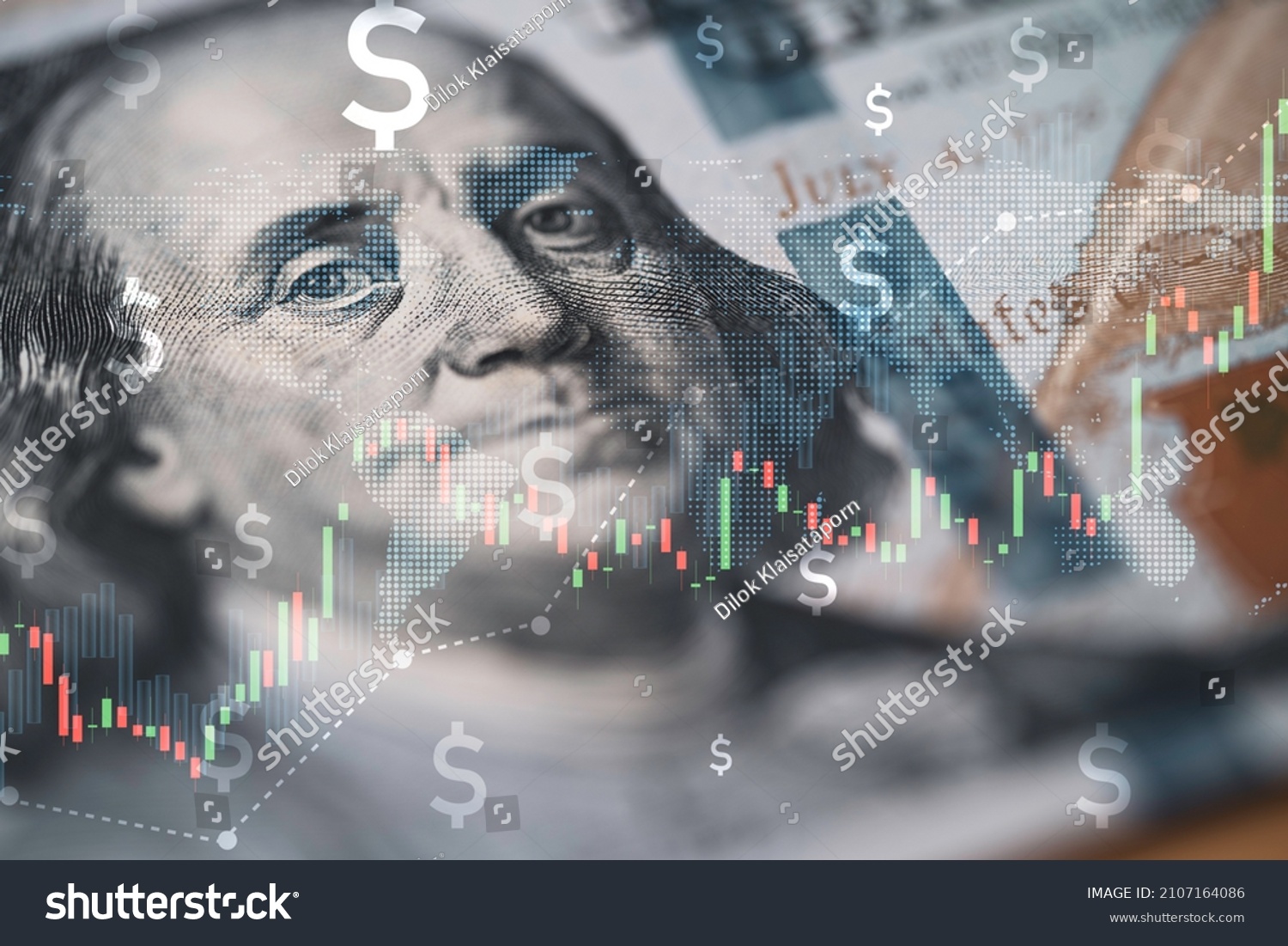Closeup Benjamin Franklin face on USD banknote with stock market chart graph for currency exchange and global trade forex concept. #2107164086