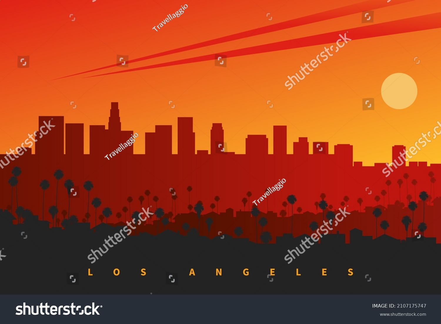 Los Angeles skyline at sunset, California, USA. - Royalty Free Stock ...