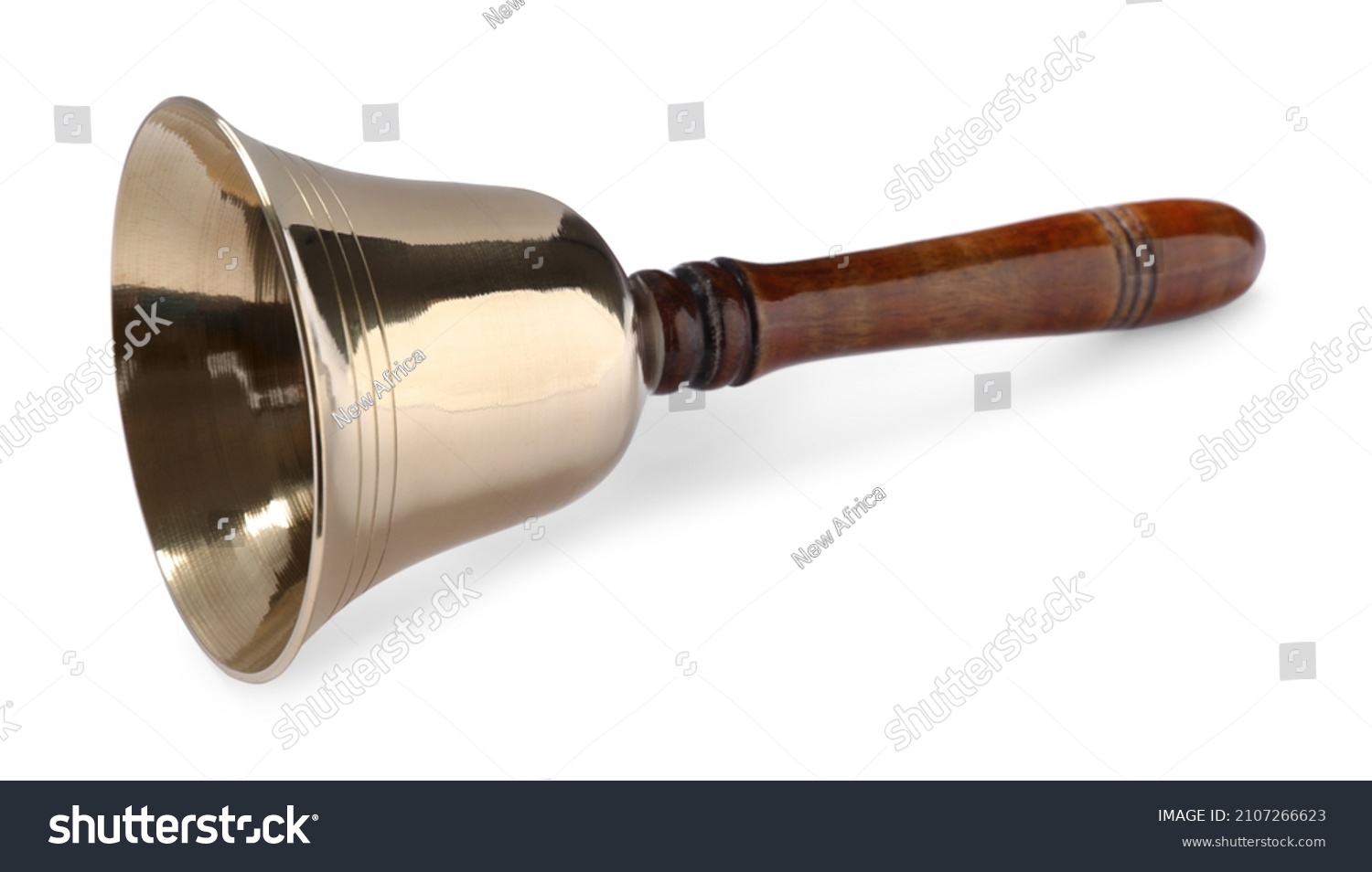 Golden school bell with wooden handle isolated on white #2107266623