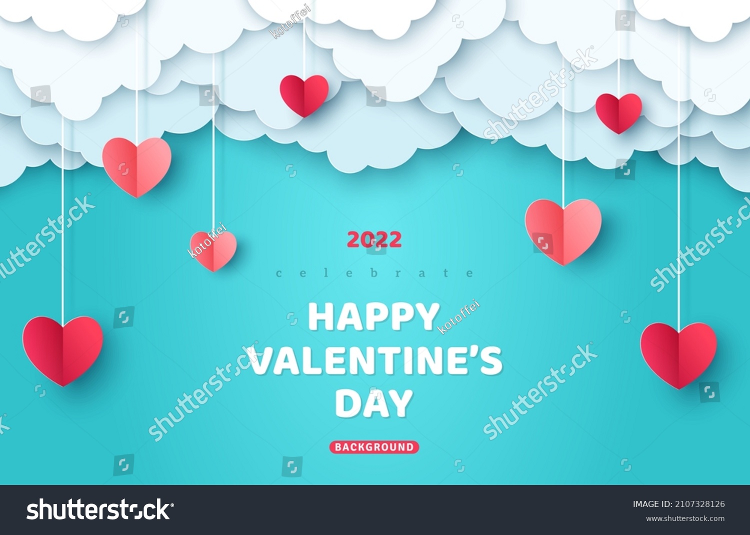 Poster or banner with blue sky and paper cut clouds. Place for text. Happy Valentine's day sale header or voucher template with hanging hearts. #2107328126