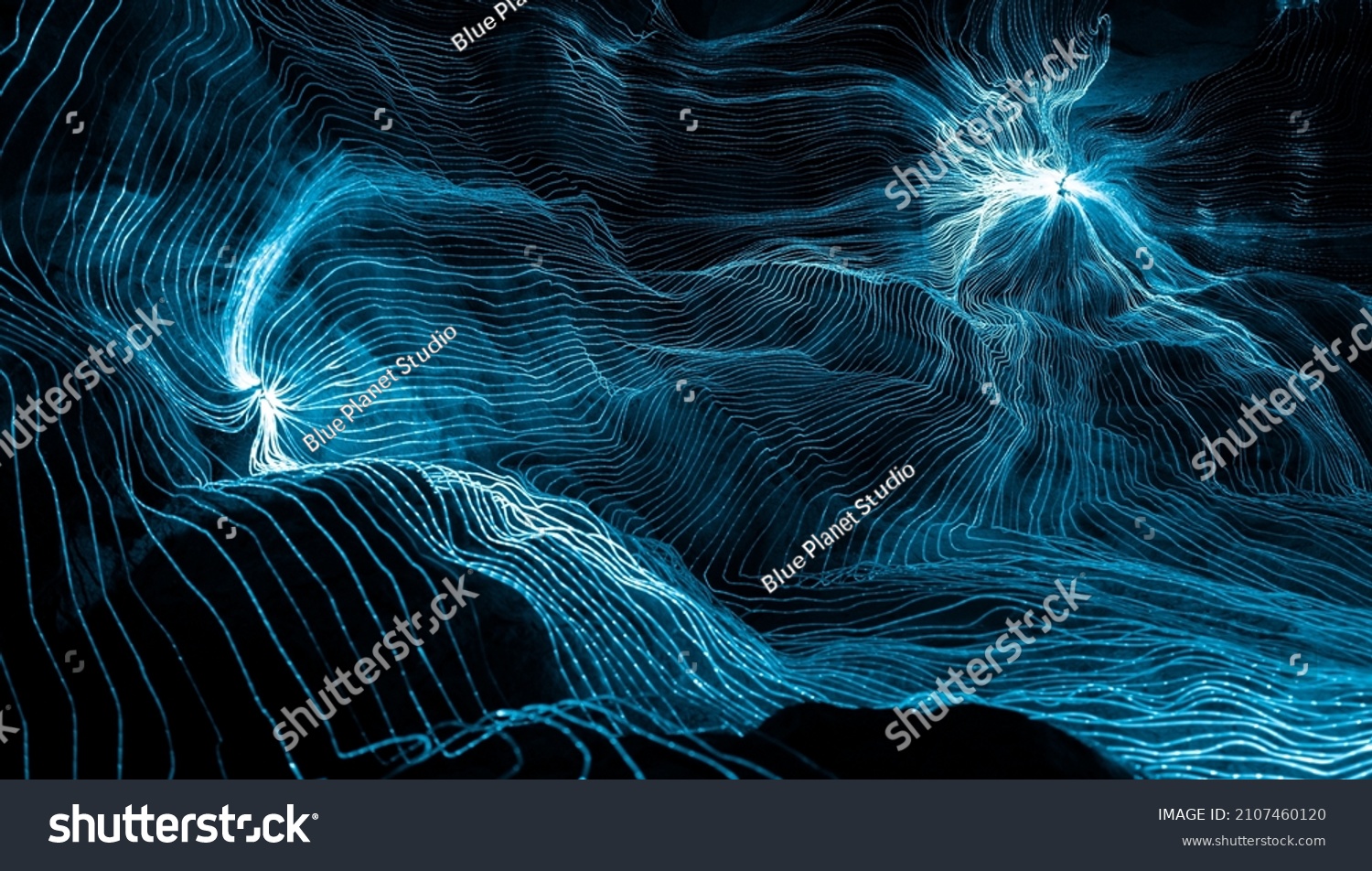 Abstract wave of digital weave lines connecting network dots and dark background . Modern 3D mesh pattern design geometric showing futuristic computer science technology concepts . #2107460120