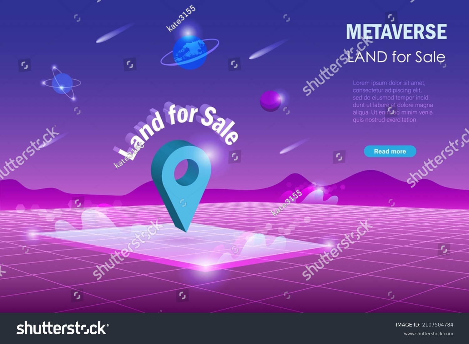 Metaverse land for sale, digital real estate and property investment technology.  Virtual reality land for sale with pin point in cyber space futuristic environment background. #2107504784