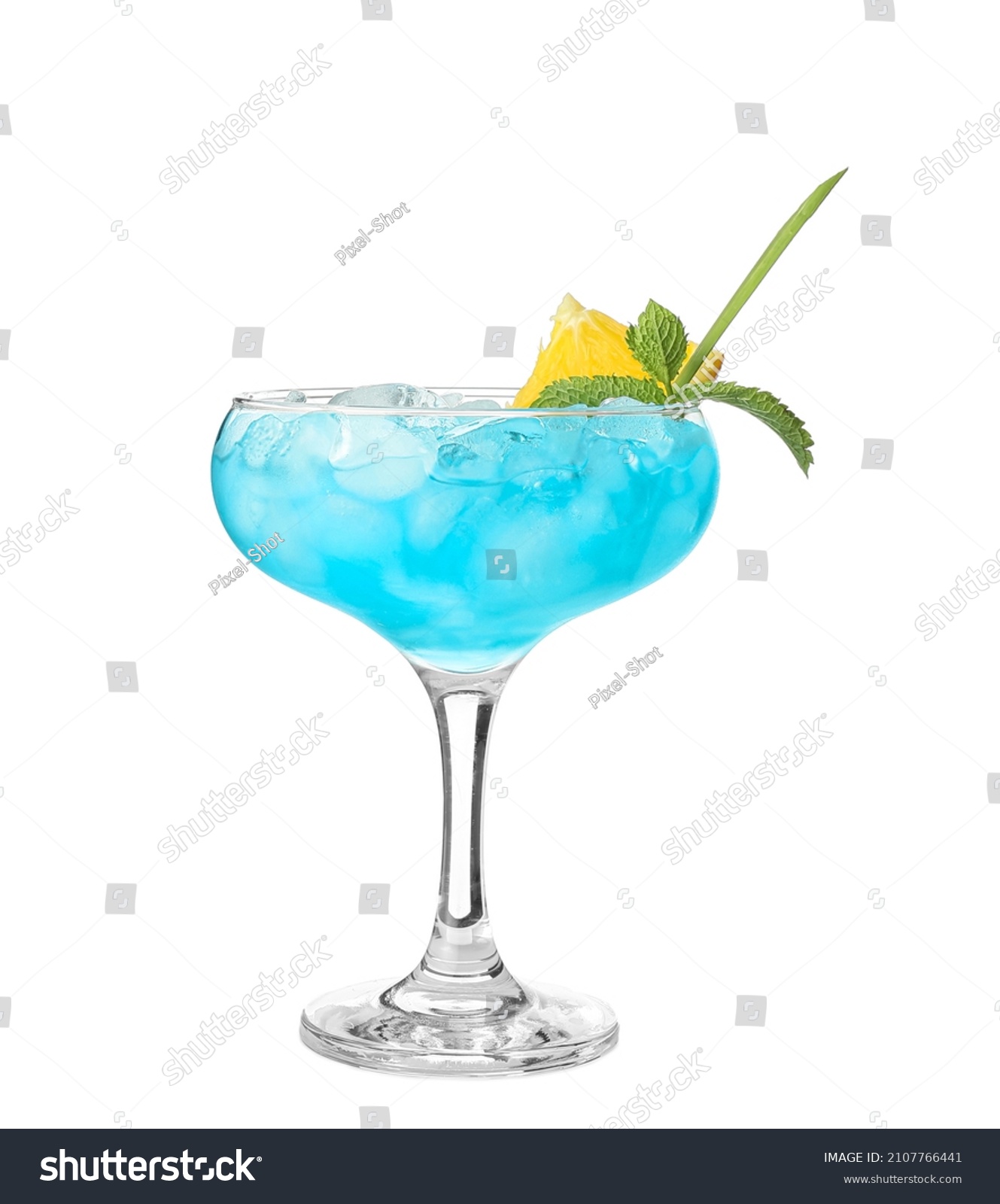 Glass of Blue Lagoon cocktail on white background #2107766441