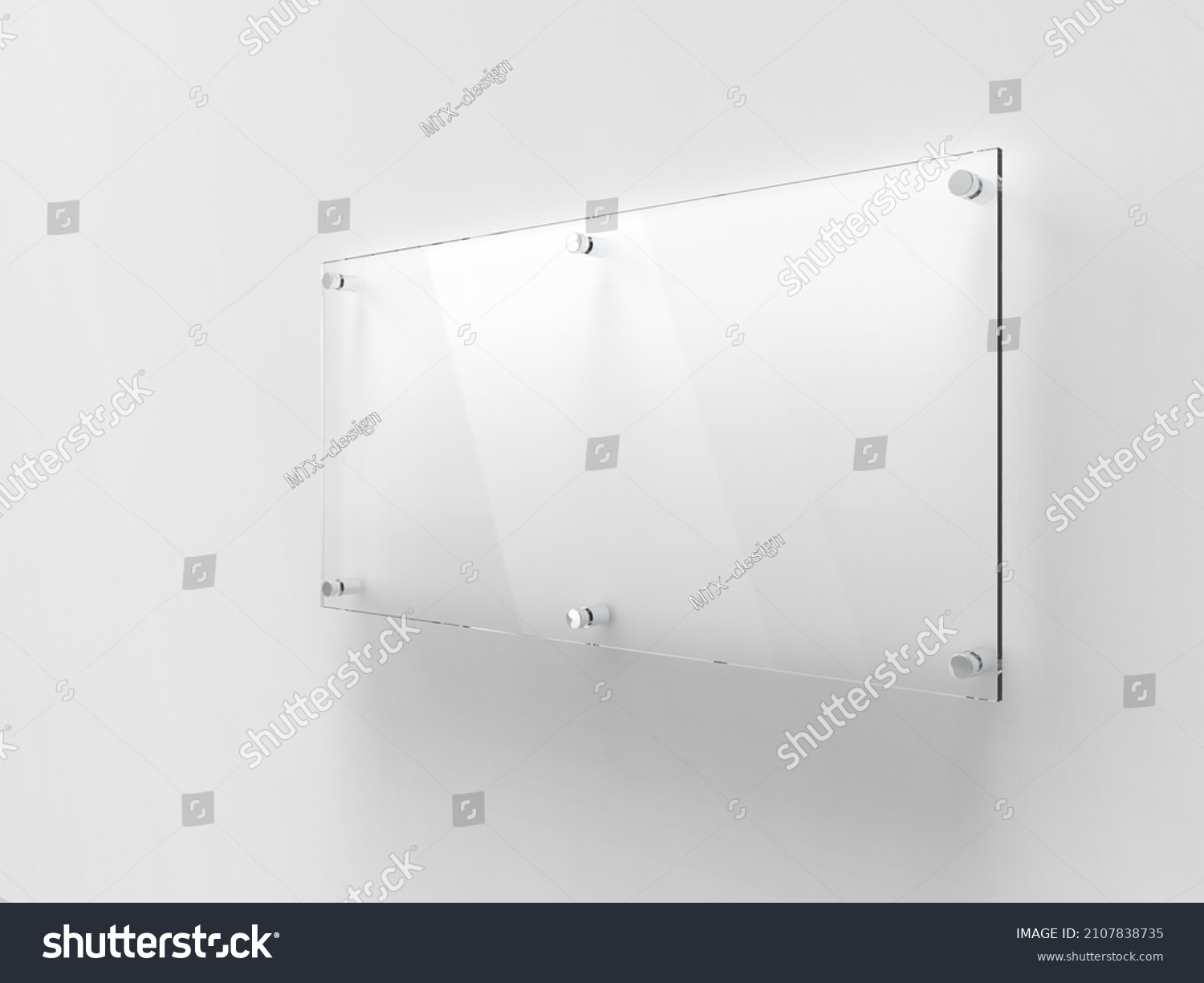 Transparent wide glass nameplate on spacer metal holders. Clear printing board for branding. Acrylic advertising signboard on white background mock-up side view. Size 500 x 250 mm. 3D illustration #2107838735