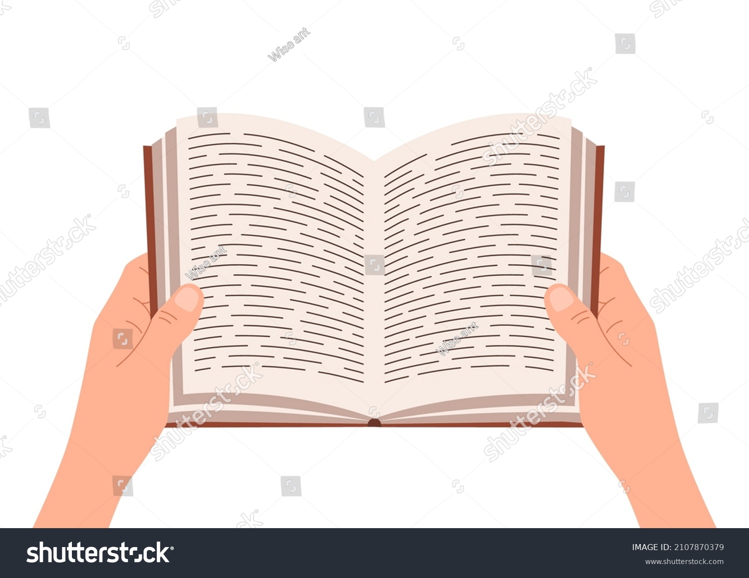 Hand holding open book. Student reading literature or encyclopedia. Design for library, bookstore. vector illustration #2107870379