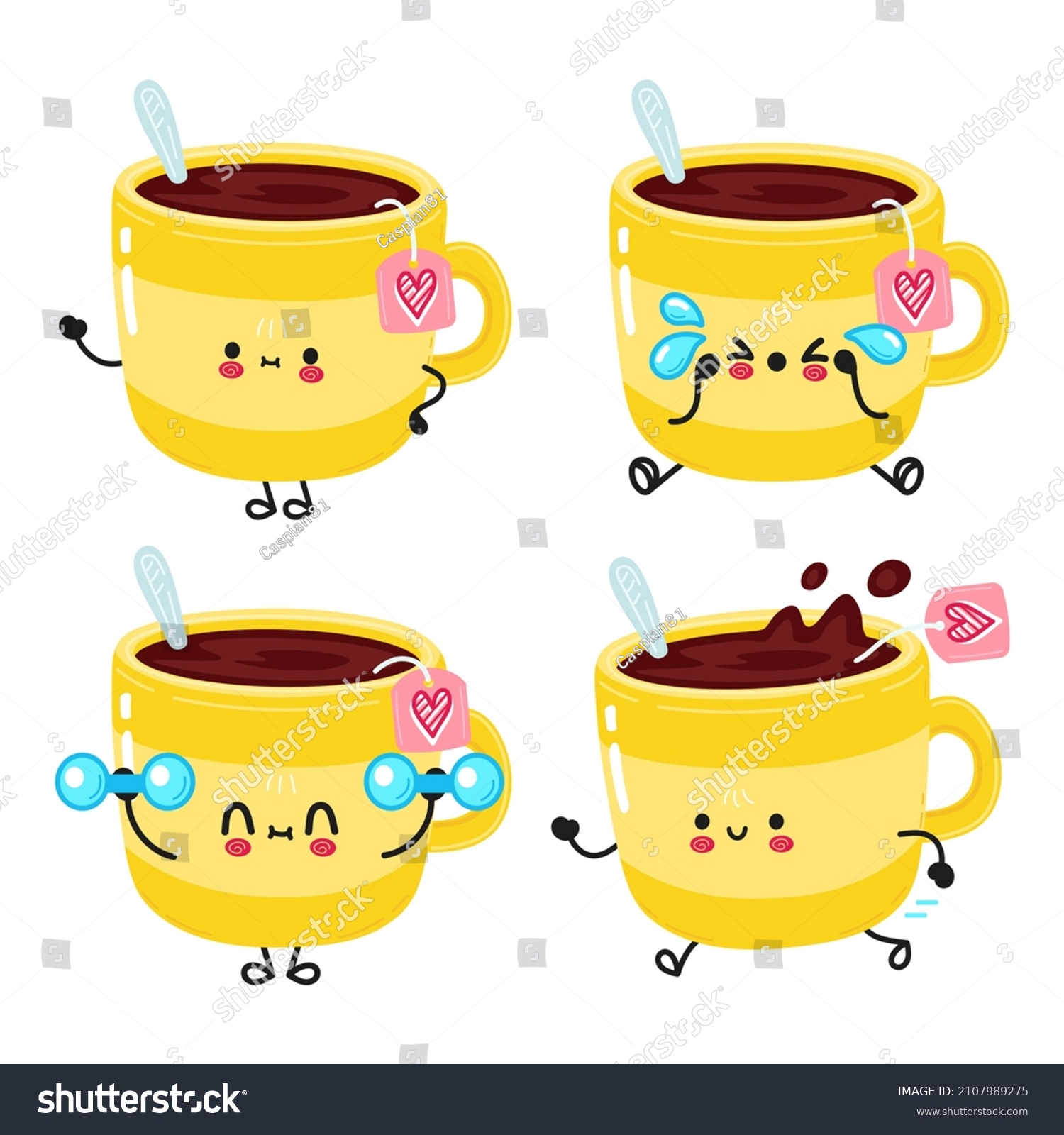 Funny cute happy cup of tea characters bundle set. Vector hand drawn doodle style cartoon character illustration icon design. Cute yellow cup of tea mascot character collection #2107989275