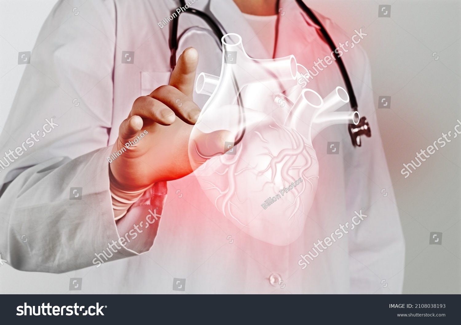 A doctor touches virtual Heart in hand. Healthcare hospital service concept #2108038193