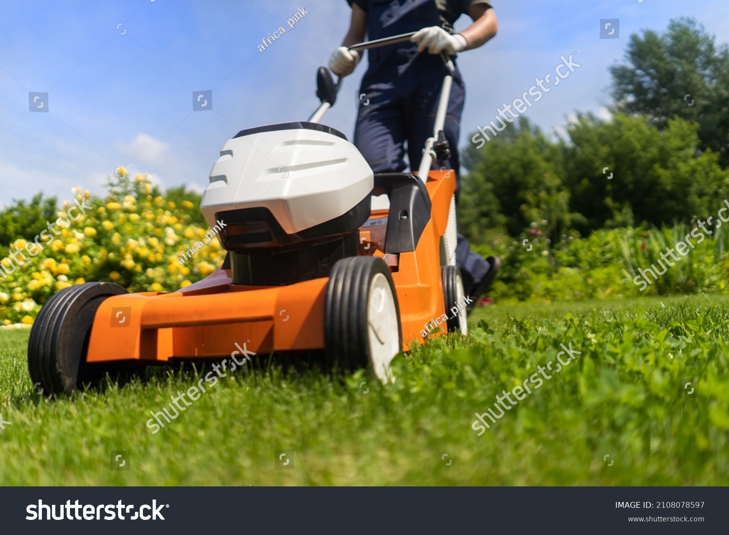 A young man is mowing a lawn with a lawn mower in his beautiful green floral summer garden. A professional gardener with a lawnmower cares for the grass in the backyard. #2108078597