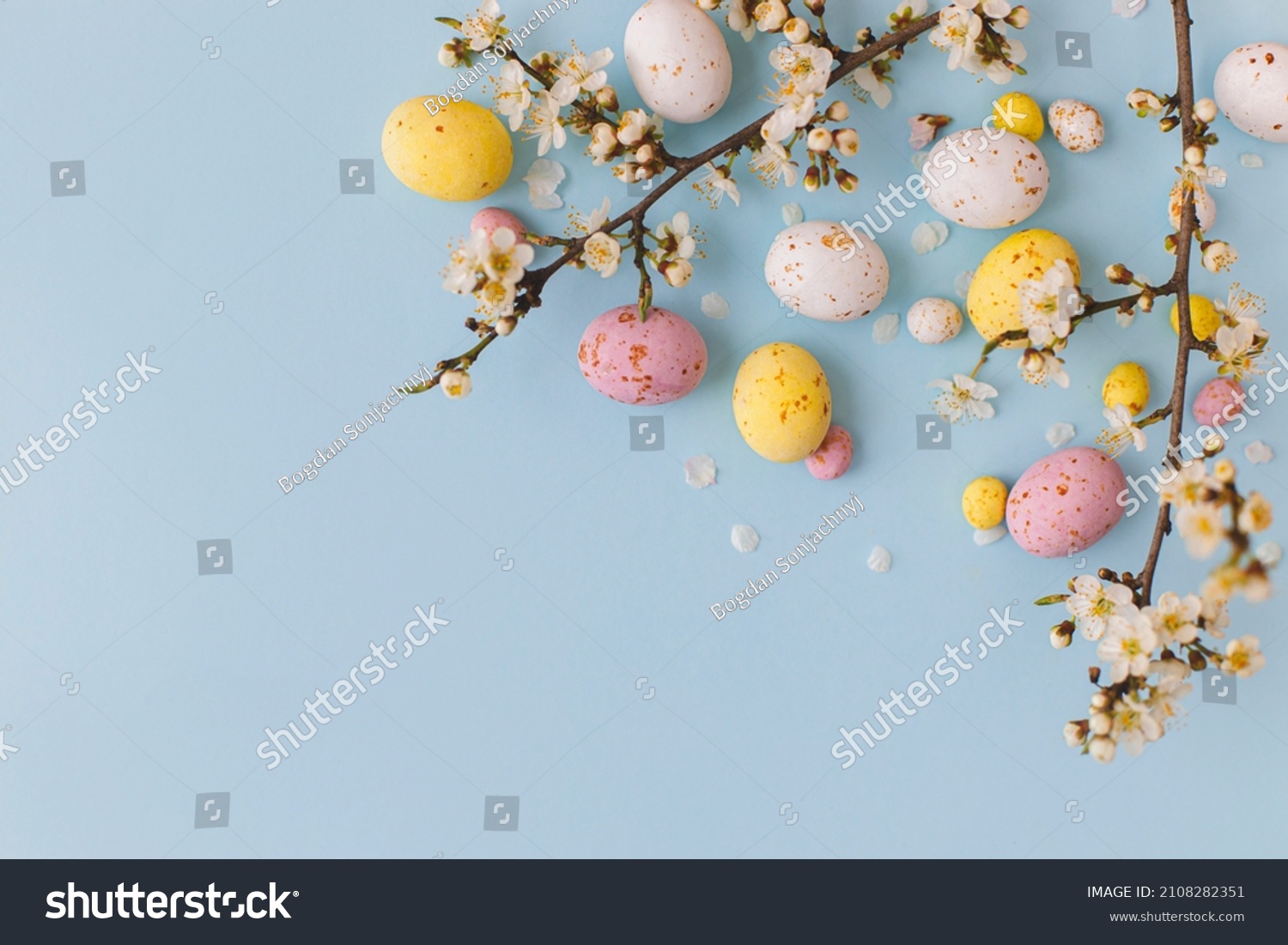 Happy Easter! Colorful Easter chocolate eggs with cherry blossoms flat lay on blue background. Stylish tender spring template with space for text. Greeting card or banner #2108282351