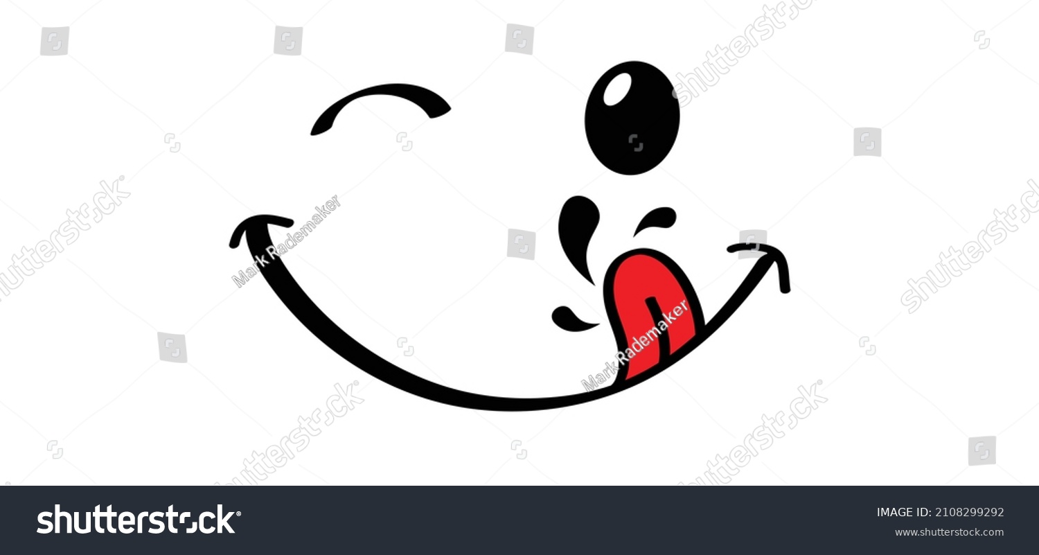 Yummy smile face with red tongue lick and saliva. Vector laugh cartoon slobber sign,  icon. Delicious, hungry, tasty eating. Lips or lips symbol. licking logo. Savour eating. World food day #2108299292