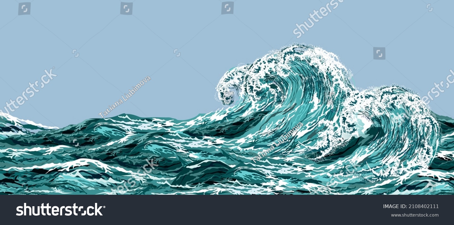 Sea wave in oriental vintage style. Hand drawn realistic vector illustration on blue background. #2108402111
