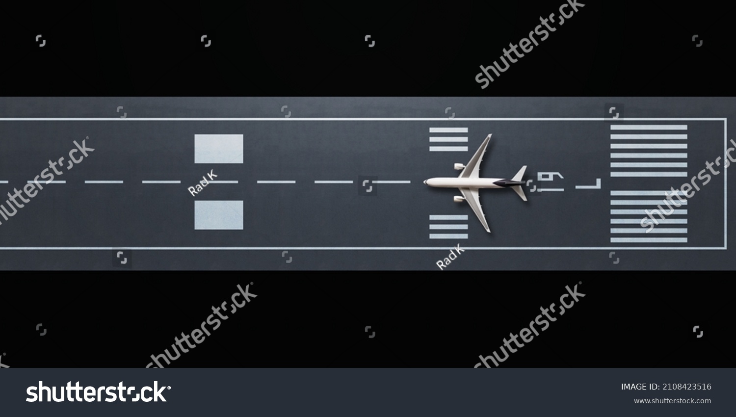 Top view of airplane model on the runway, flat lay design. #2108423516