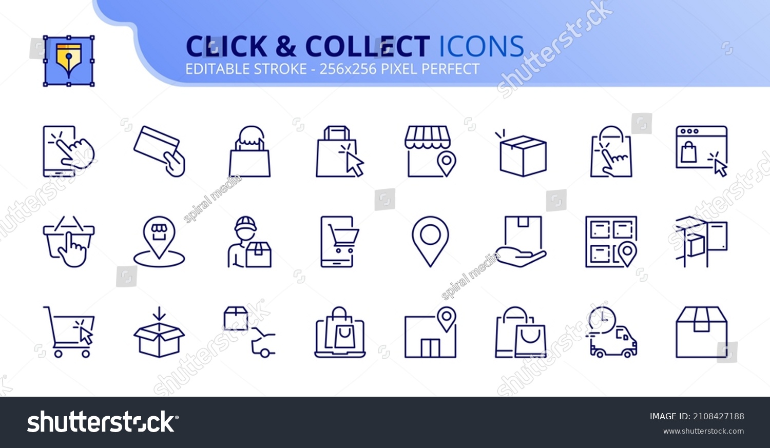 Outline icons about click and collect. Contains such icons as shopping, buy online, select location, store, locker, collect and pick up. Editable stroke Vector 256x256 pixel perfect #2108427188
