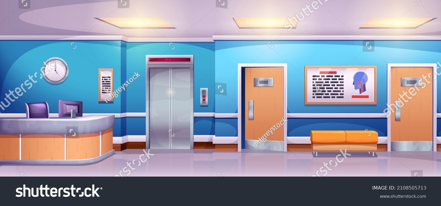 Cartoon empty medical clinic hall with reception - Royalty Free Stock ...