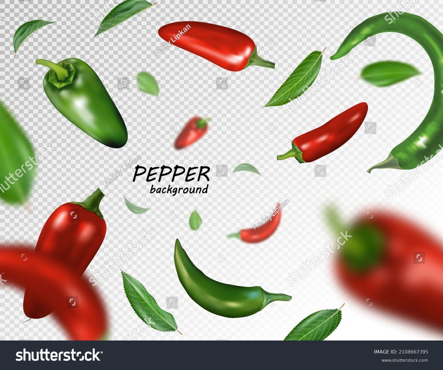 Many red and green chili peppers free falling on transparent background. Realistic vector, 3d illustration #2108667395