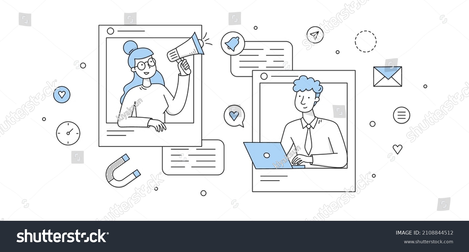 Social media marketing concept with people lead blog and icons of SMM. Vector doodle illustration of man with laptop, woman with megaphone, signs of email, magnet and heart #2108844512