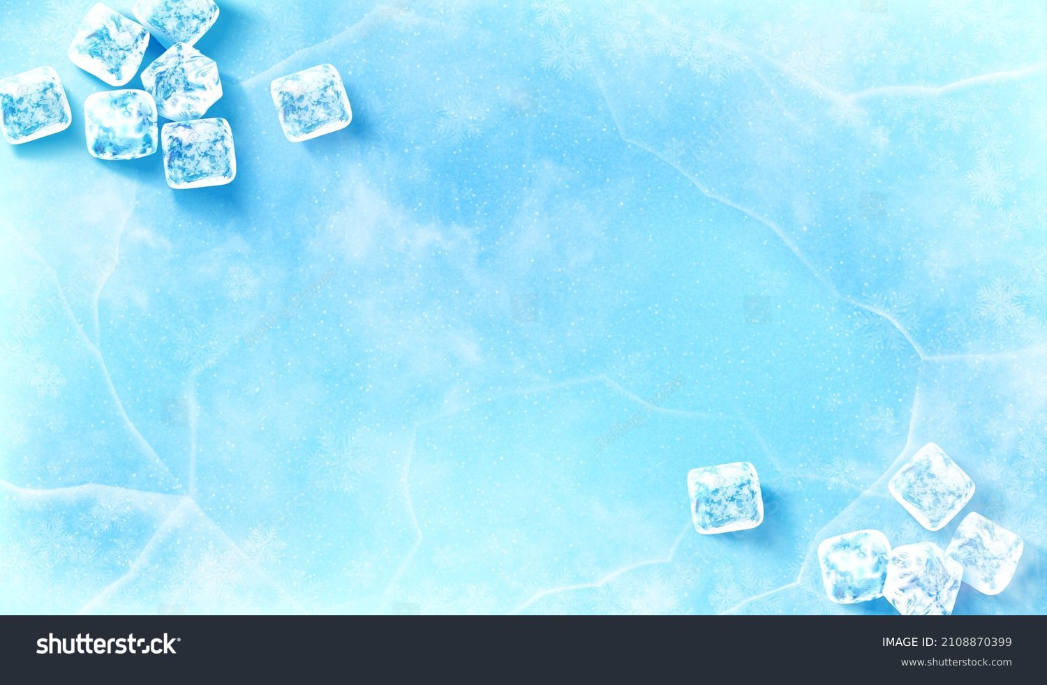 Icy surface background. 3D Illustration of groups of ice cubes scattered on upper left and bottom right of light blue surface covered in ice #2108870399