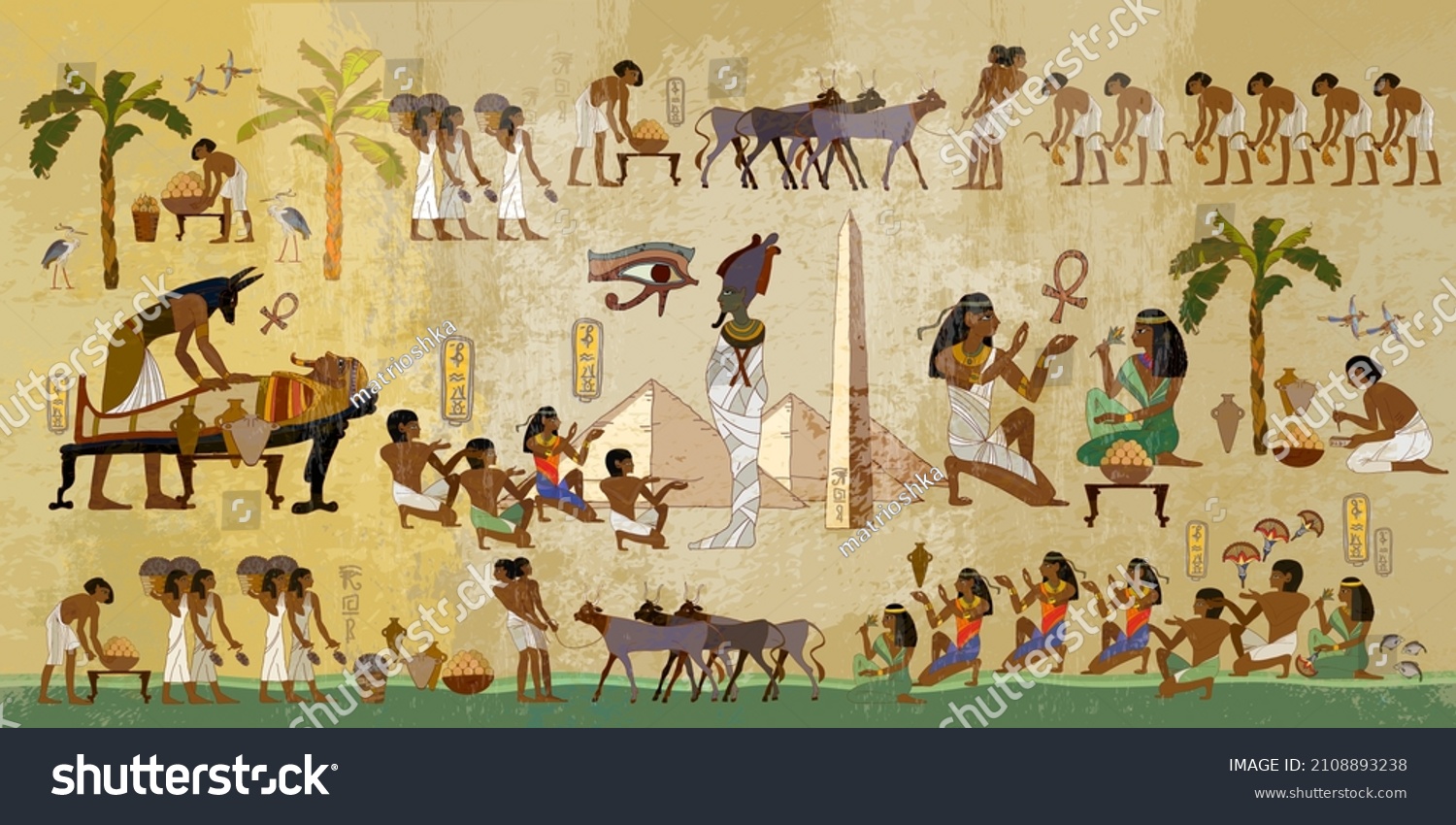 Life of egyptians. Agriculture, workmanship, fishery, farm. Ancient Egypt frescoes. Hieroglyphic carvings on exterior walls of an ancient temple   #2108893238