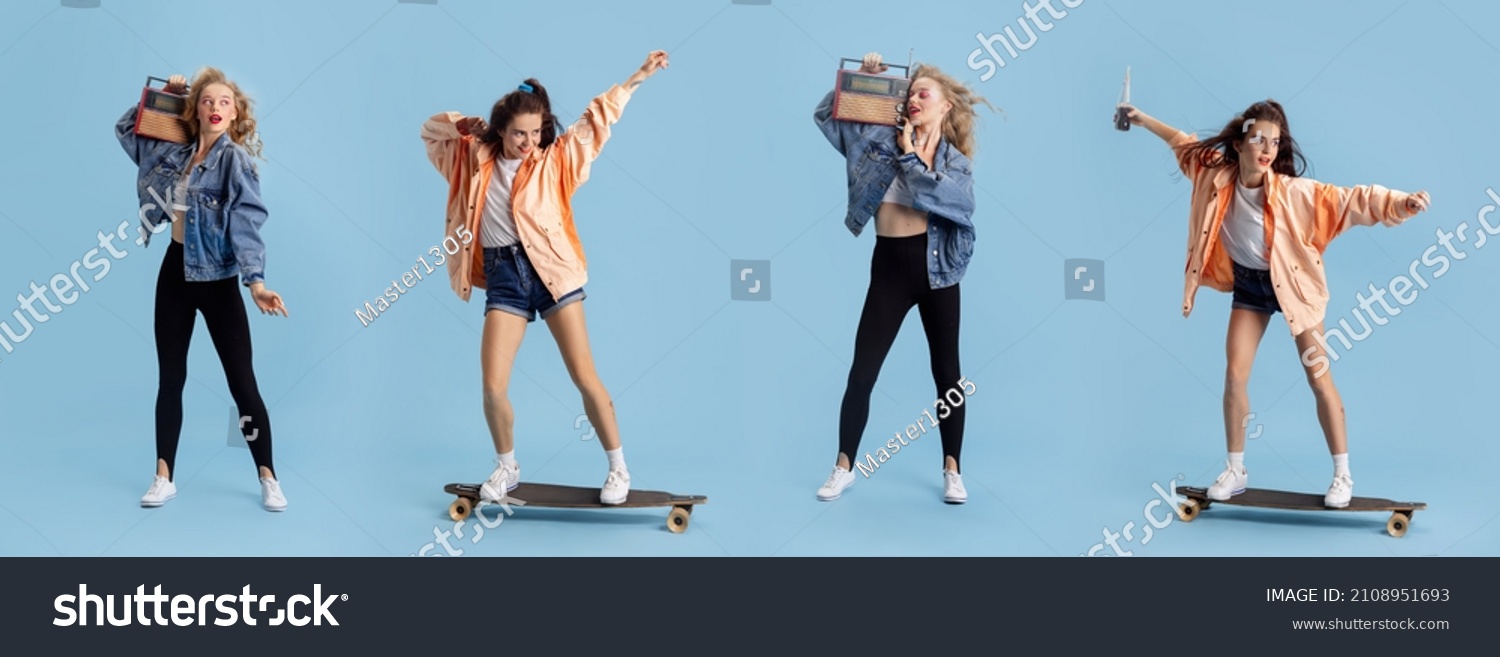 Disco, party time. Collage with two stylish retro girls wearing 90s fashion style, outfit isolated over blue studio background. Concept of eras comparison, beauty, fashion and youth, hobby #2108951693