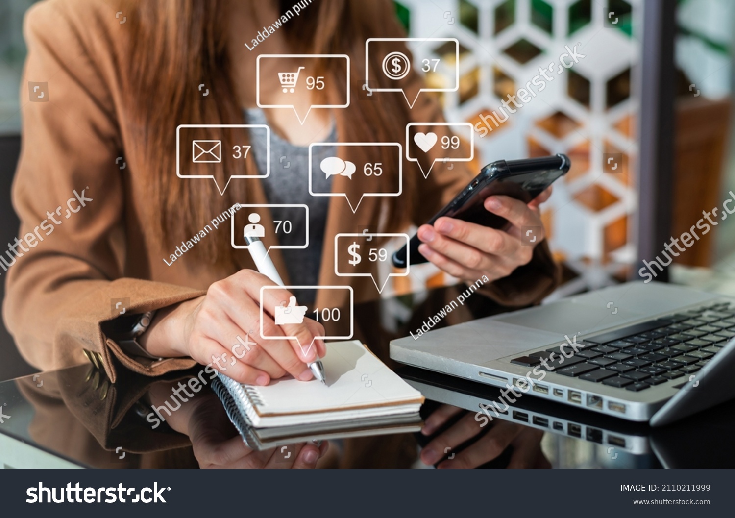 Social media and Marketing virtual icons screen concept.close up of businesswoman typing keyboard with laptop computer 
 #2110211999