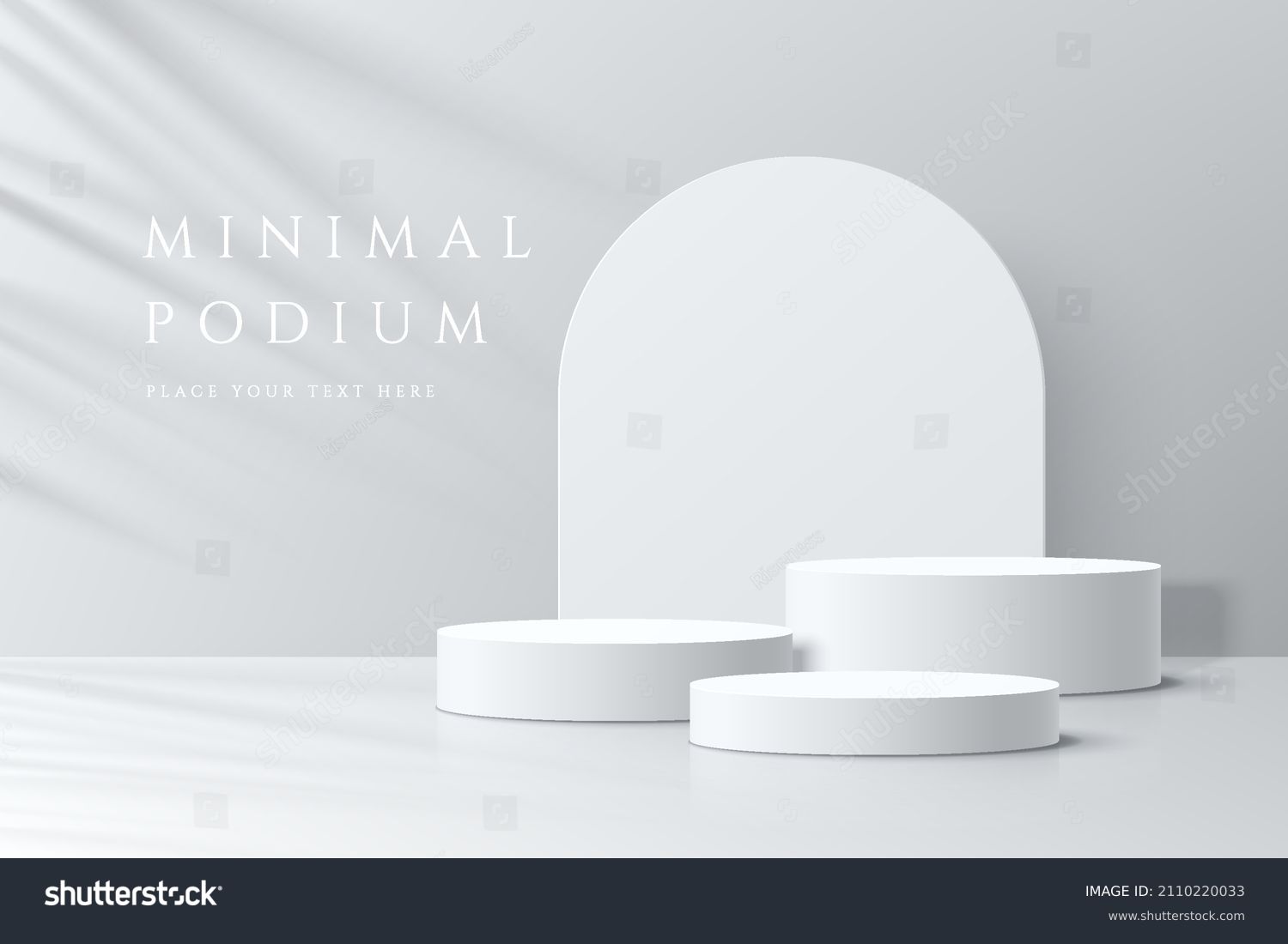 Abstract white 3D room with realistic white cylinder pedestal podium set and palm leaf shadow overlay. Minimal scene for product display presentation. Vector geometric platform. Stage for showcase.  #2110220033