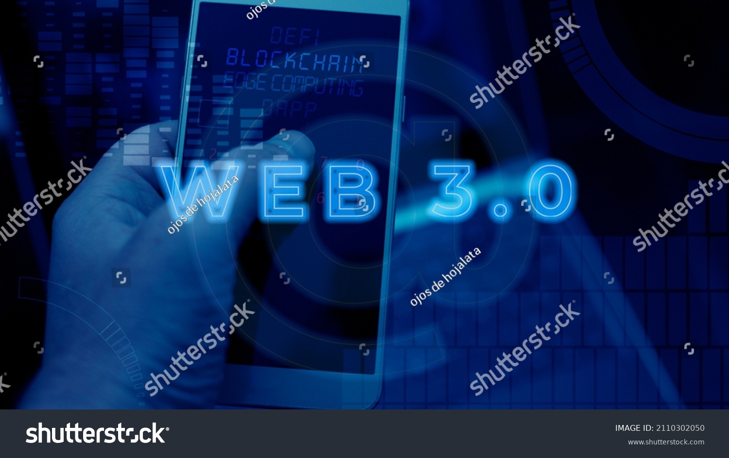Web 3.0 Typography. Design with "Web 3.0" text projected onto the background. Virtual communication concept representing the future of the Internet in web 3. Blockchain, Dao, Edge computing, meta. #2110302050