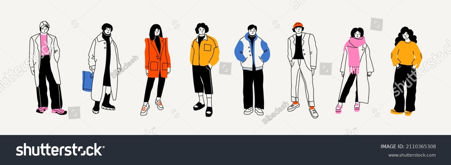 Street fashion look. Young men and women dressed in stylish trendy oversized clothing. Models standing in various poses. Korean japanese asian cartoon style. Hand drawn Vector isolated illustrations #2110365308
