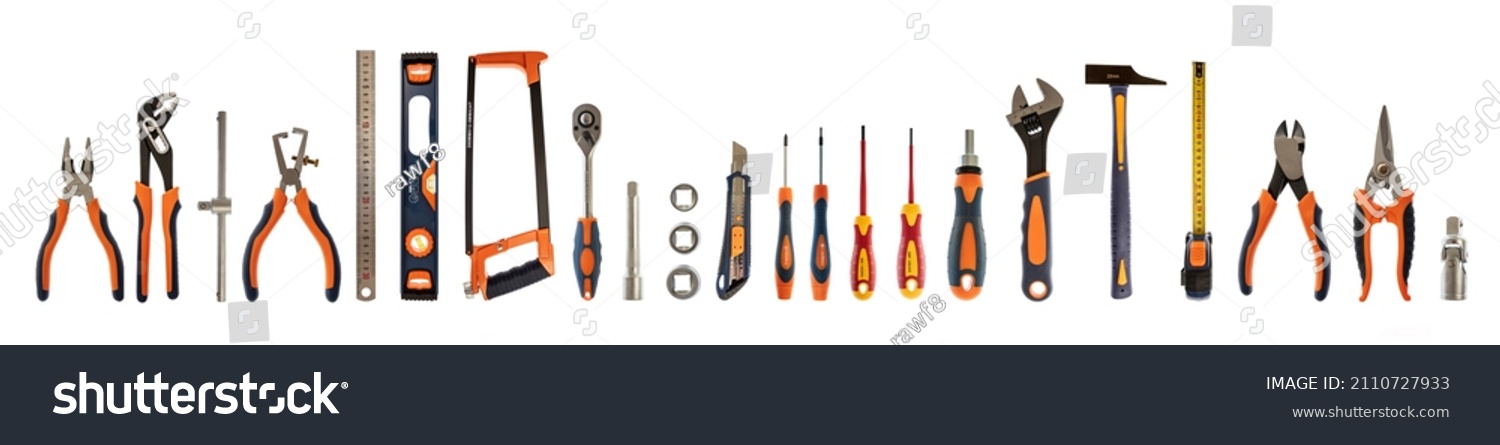 Work tools isolated on white background. Hand tool new set with rubber black and orange handle for repair and construction, banner #2110727933