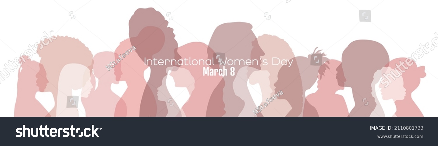 International Womens Day banner. Women of different ethnicities stand side by side together. #2110801733