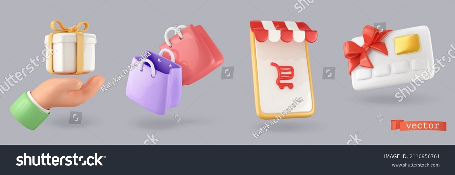 Shop, 3d render vector icon set. Gift, bag, smartphone, plastic card objects #2110956761