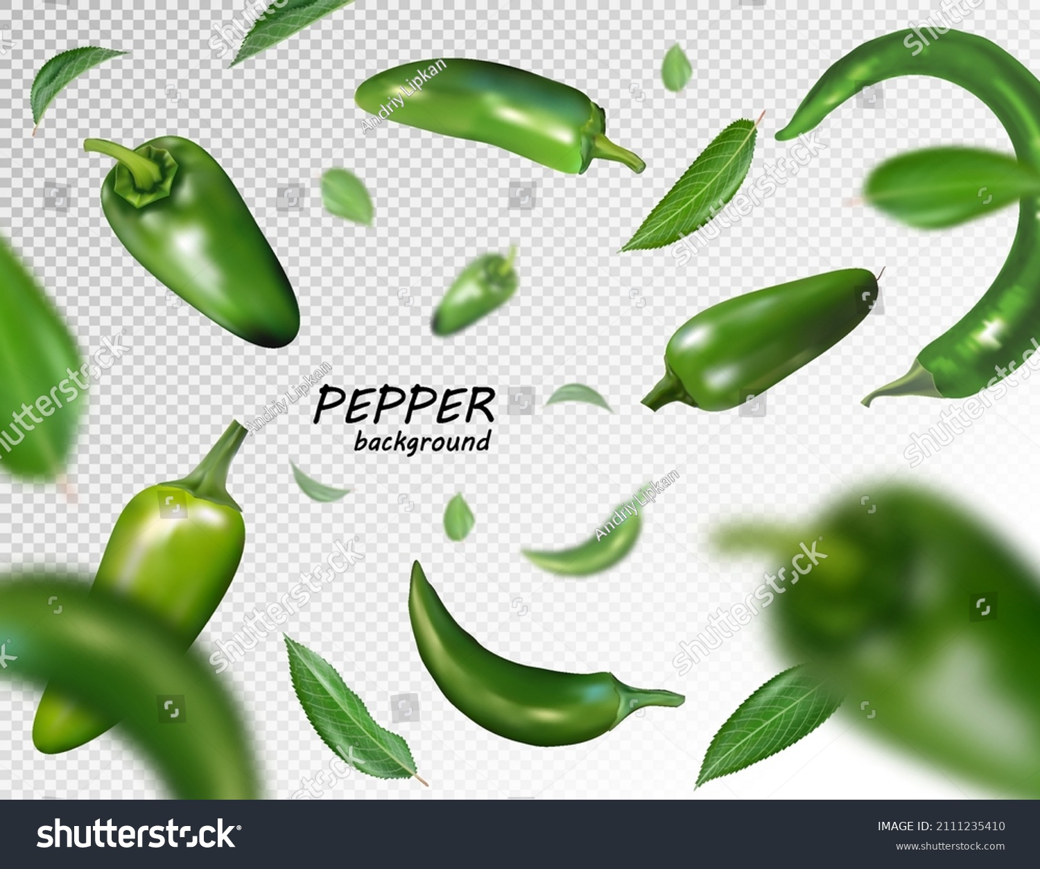 Falling green chili or chilli pepper isolated on transparent Realistic vector, 3d illustration #2111235410