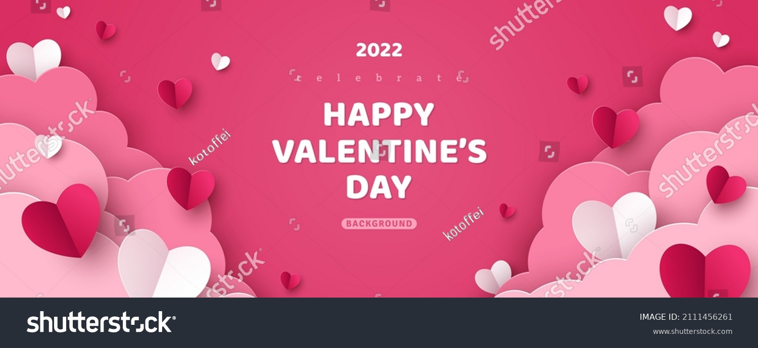 Horizontal banner with pink sky and paper cut clouds. Place for text. Happy Valentine's day sale header or voucher template with hearts. Rose cloudscape border frame pastel colors. #2111456261