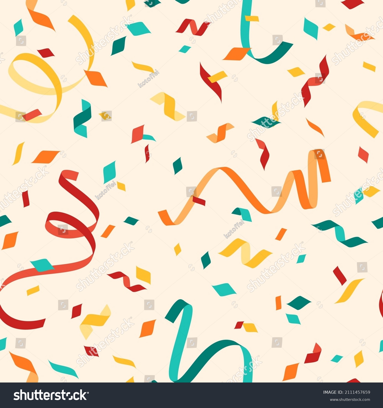 Colorful falling confetti on beige background, seamless carnival pattern. Vector illustration. Carnaval print ornament, yellow, red blue streamers #2111457659