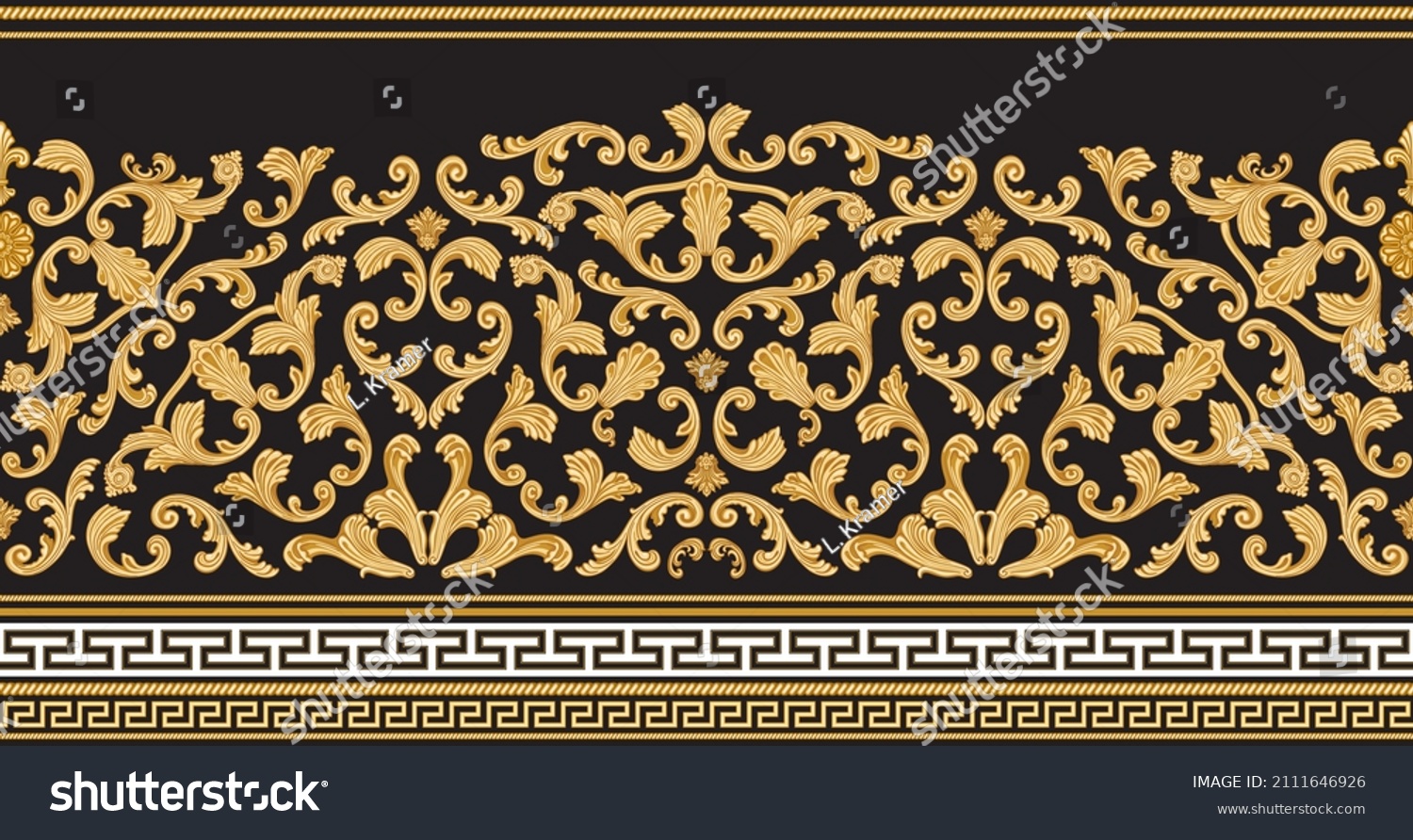 Vector gold seamless border print on a black background. Greek meander frieze, Baroque golden flower scrolls. 5 pattern brushes in the brush palette #2111646926