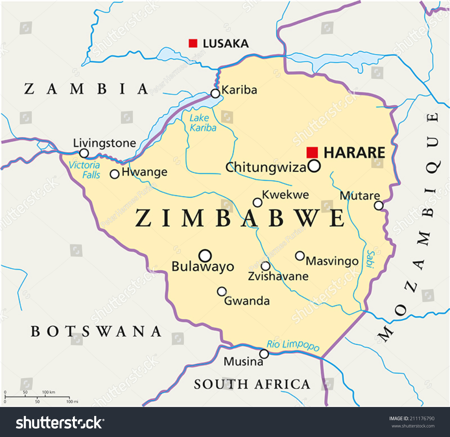 Zimbabwe Political Map With Capital Harare With Royalty Free Stock Vector 211176790 