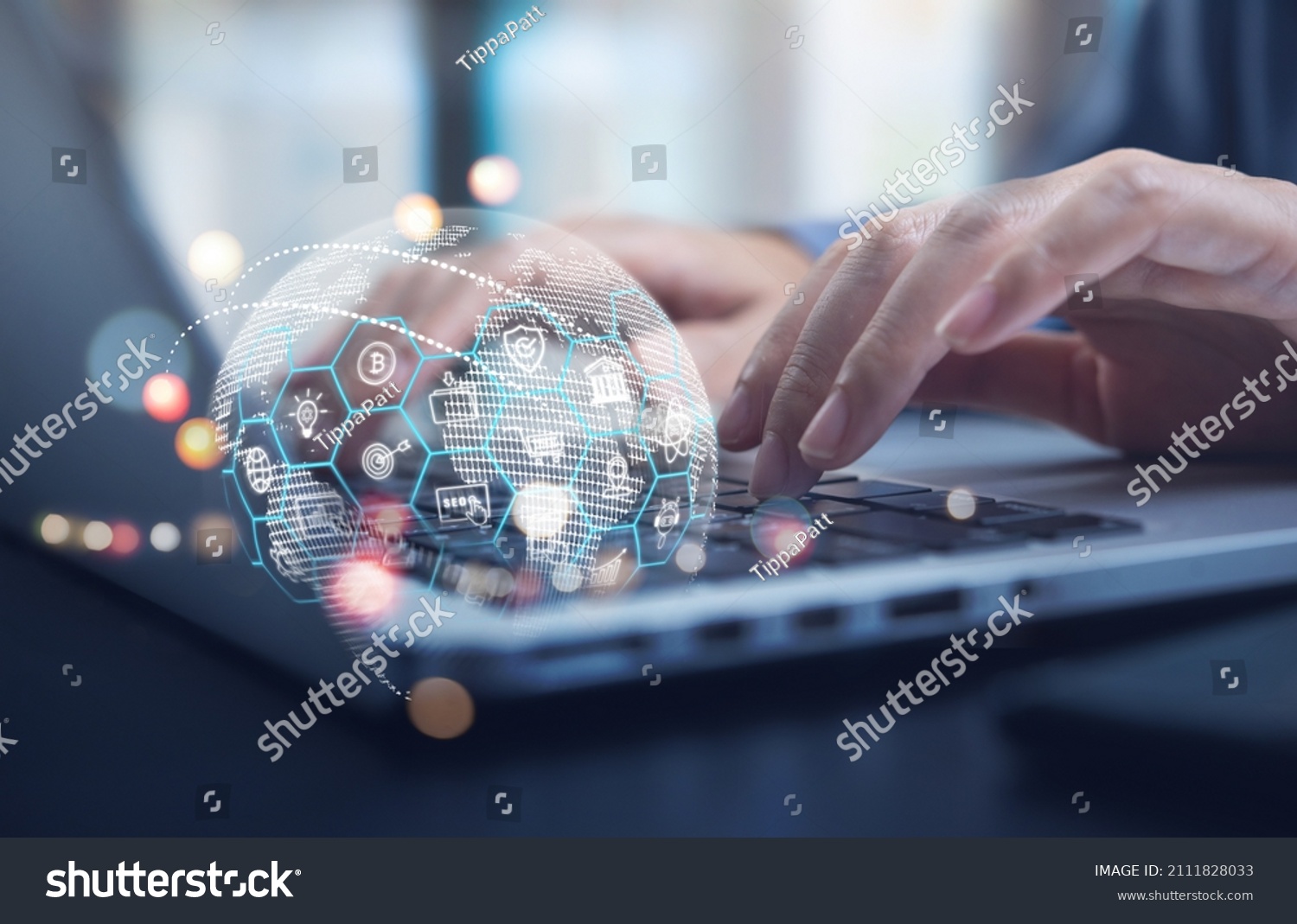 Internet of Things (IOT) technology, Woman using laptop computer with E-commerce technology icons on virtual global network, Global business, Social media marketing concept. #2111828033