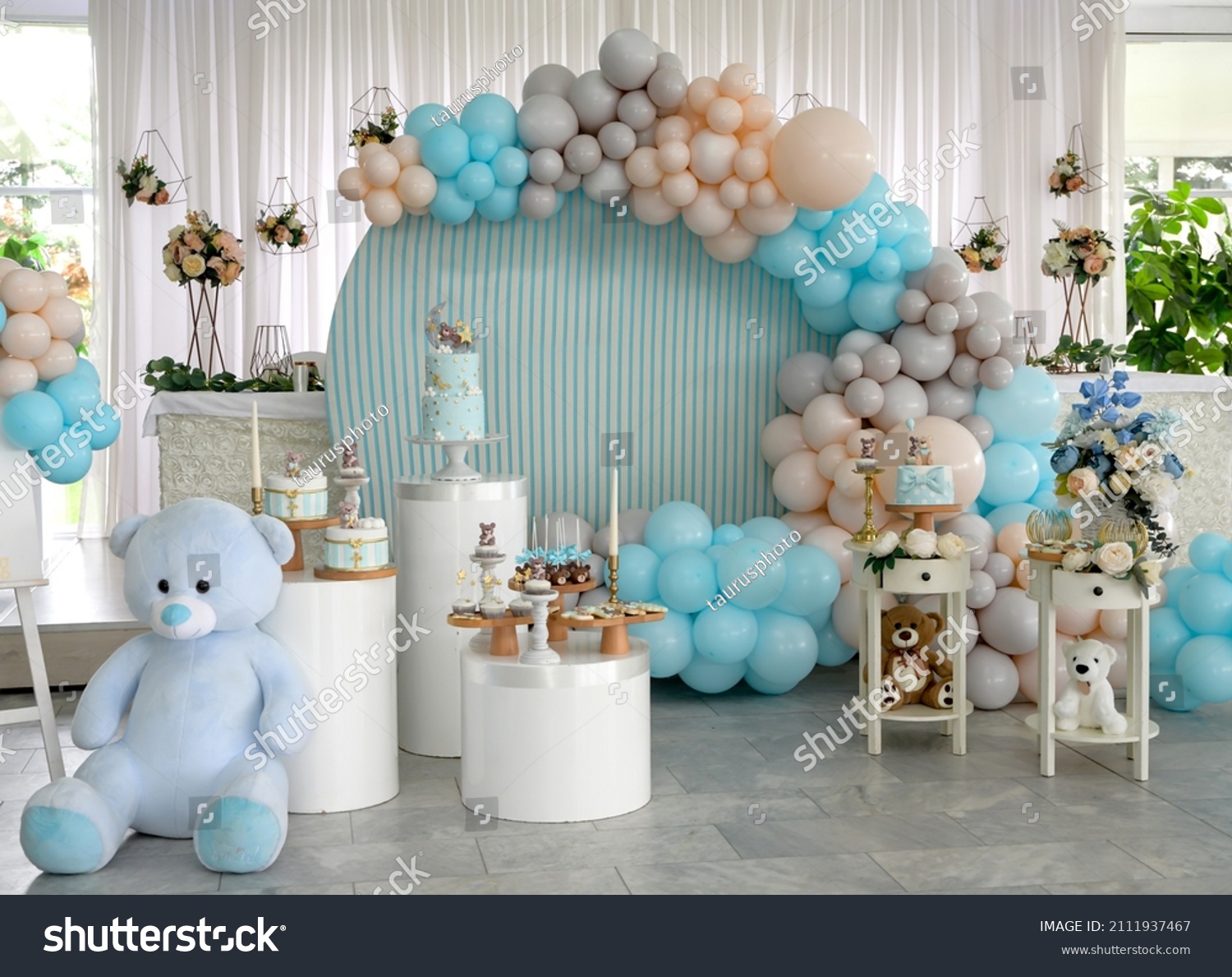 Happy Birthday! Children's decoration with glowing lights, birthday garland, different color of balloons. Decorated photo zone. Festive decorative elements, photo area #2111937467