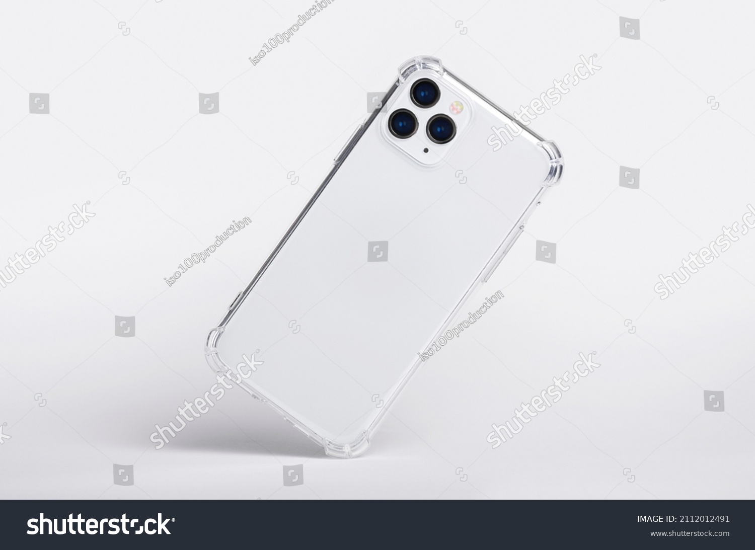 Silver iPhone 11 and 12 Pro max in clear silicone case falls down back view, phone case mockup isolated on gray background #2112012491