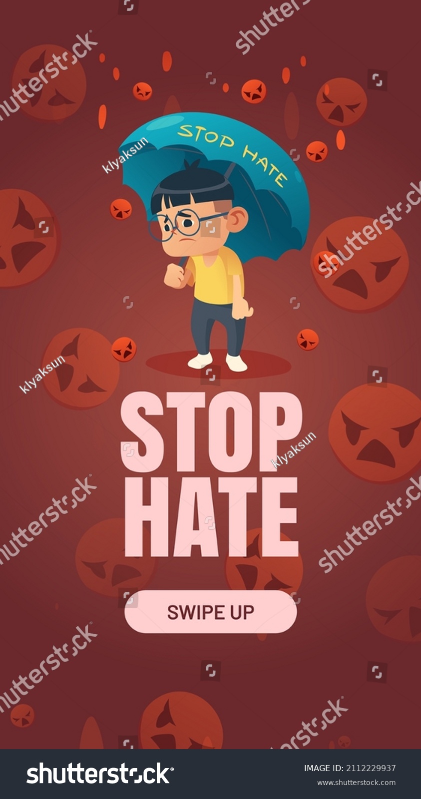 Stop Hate, protest poster against racism, violence, hatred and discrimination. Vector social media template with cartoon illustration of asian boy with umbrella under rain  #2112229937