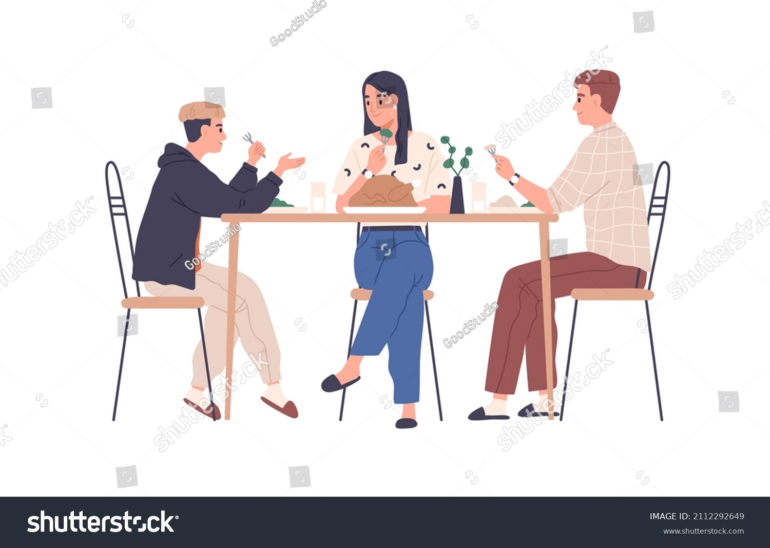 Parents and son teenager at family dinner, eating and talking at dining table. Happy mother, father and teen boy having meal together at home. Flat vector illustration isolated on white background #2112292649