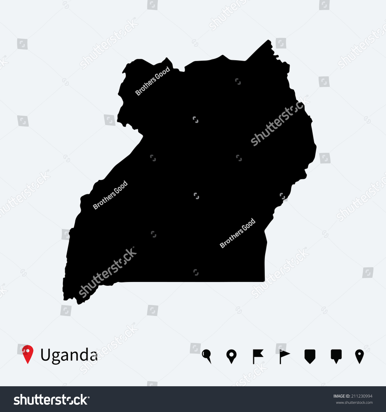 High detailed map of Uganda with navigation pins - Royalty Free Stock ...