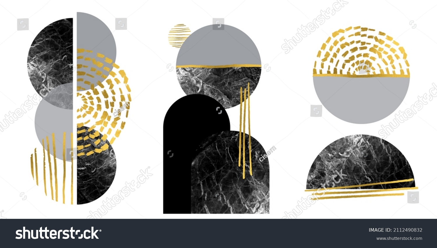 Abstract minimalist wall art in white, gray, black, gold colors. Simple line style. Golden geometric shapes, circles, Modern creative marble pattern. #2112490832
