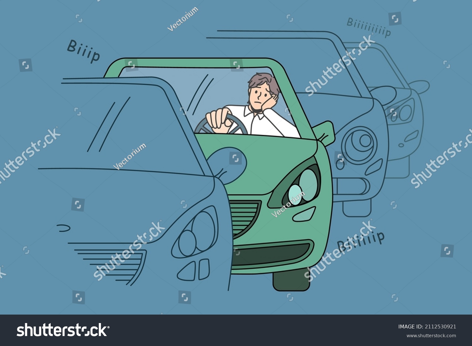 Traffic jam and road situation concept. Confused sad young man driver sitting in car in traffic jam waiting for movement feeling tired to stay in one place vector illustration  #2112530921